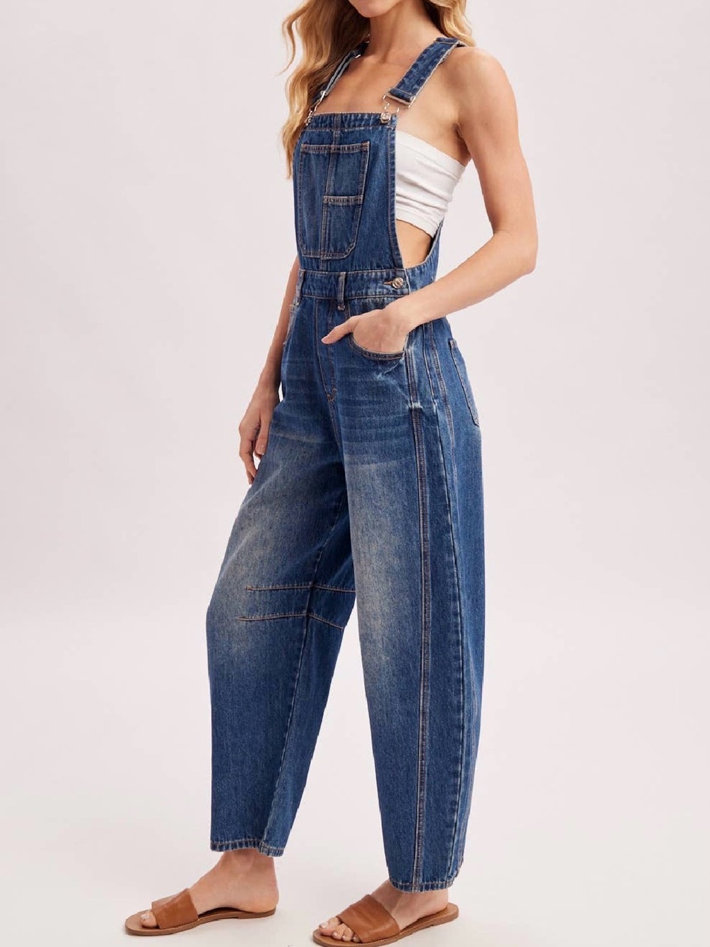 NWT Bluivy Denim Dark Wash Barrel Relaxed Fit Boho Overalls - Picture 7 of 11